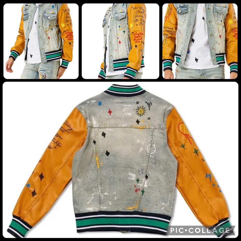 First Row Abstract Patchwork Jean Jacket 2XL NWT Slim Fit